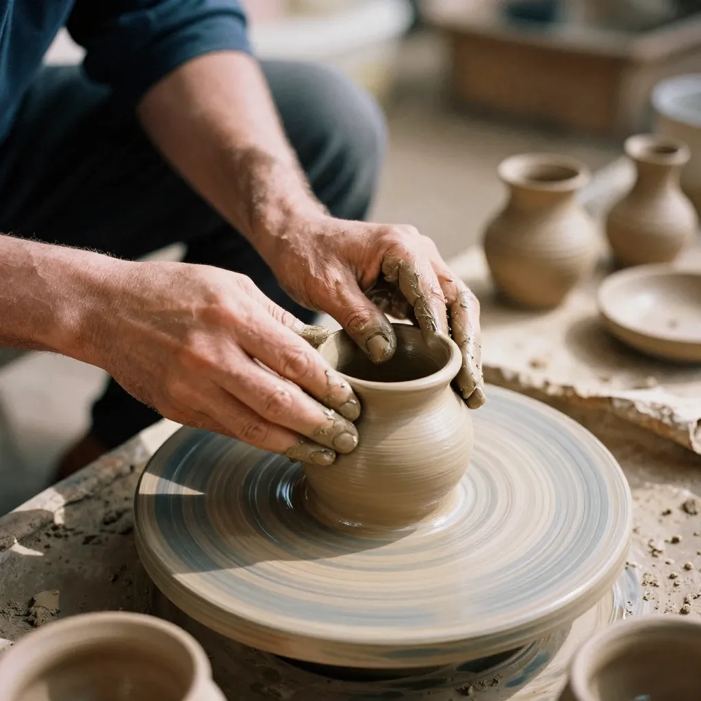 Hands working with clay on pottery wheel